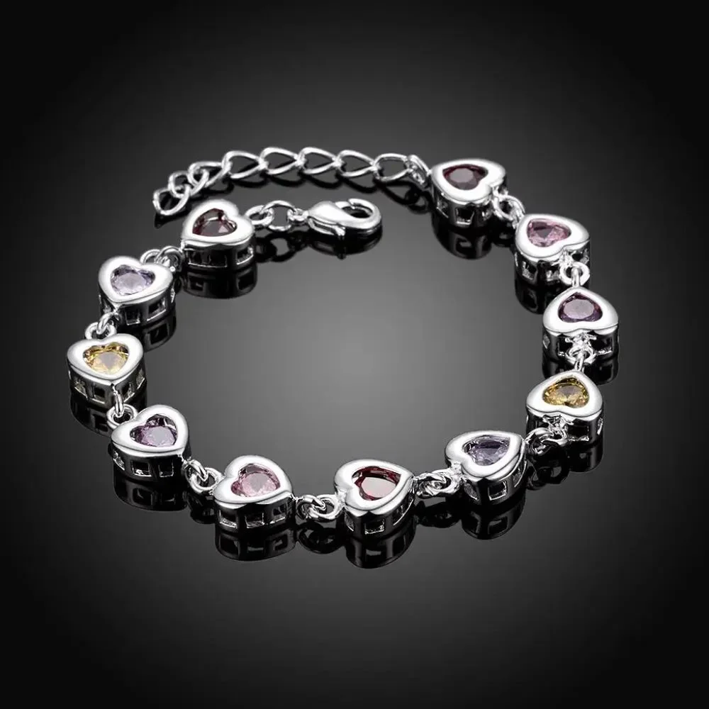 Beautiful Multi - Colored Heart Style Ladies Bracelet .925 Solid Sterling Silver - Picture 2 of 6